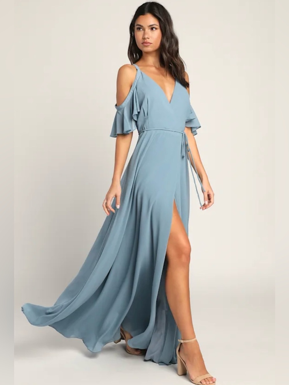 Lulus Easy Listening Slate Blue Cold-Shoulder Wrap Maxi Dress